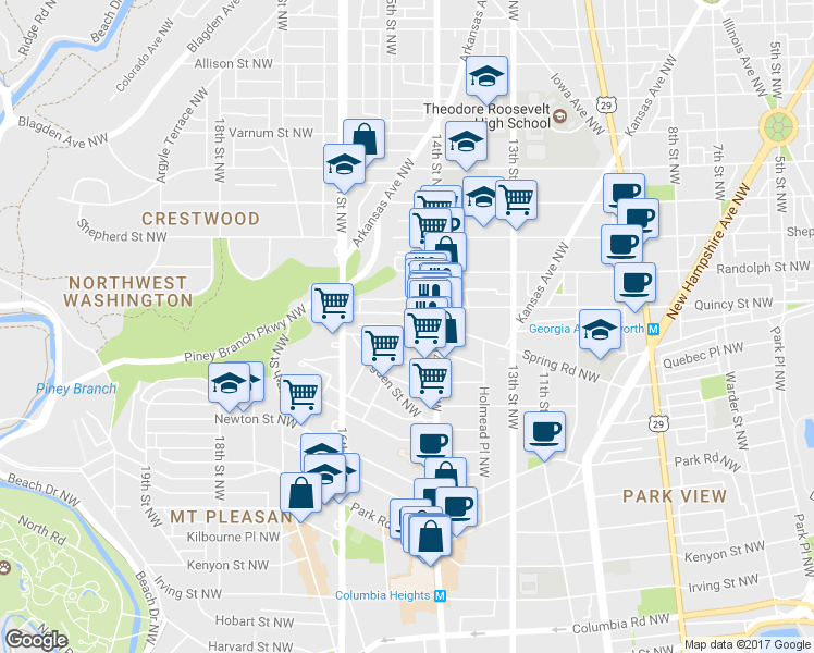 map of restaurants, bars, coffee shops, grocery stores, and more near 1414 Spring Road Northwest in Washington