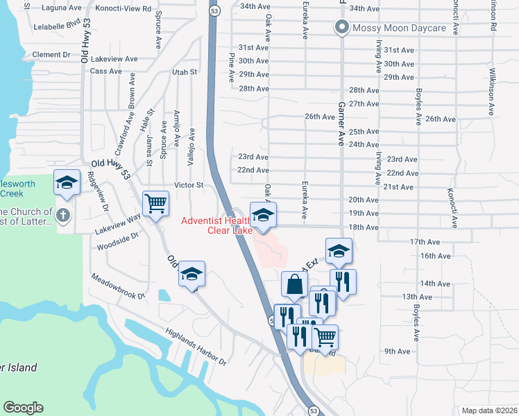 map of restaurants, bars, coffee shops, grocery stores, and more near 15628 19th Avenue in Clearlake