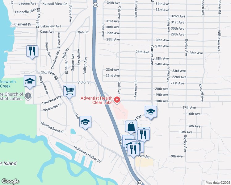 map of restaurants, bars, coffee shops, grocery stores, and more near 15628 19th Avenue in Clearlake