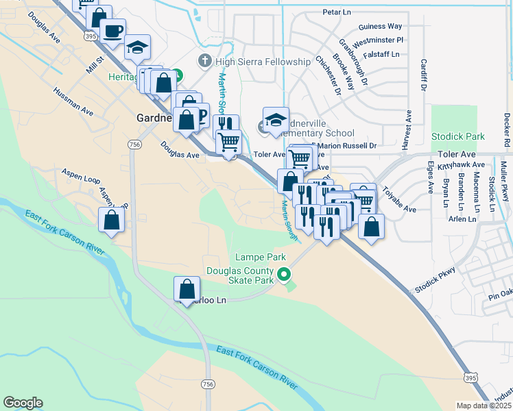 map of restaurants, bars, coffee shops, grocery stores, and more near 1375 Queens Court in Gardnerville