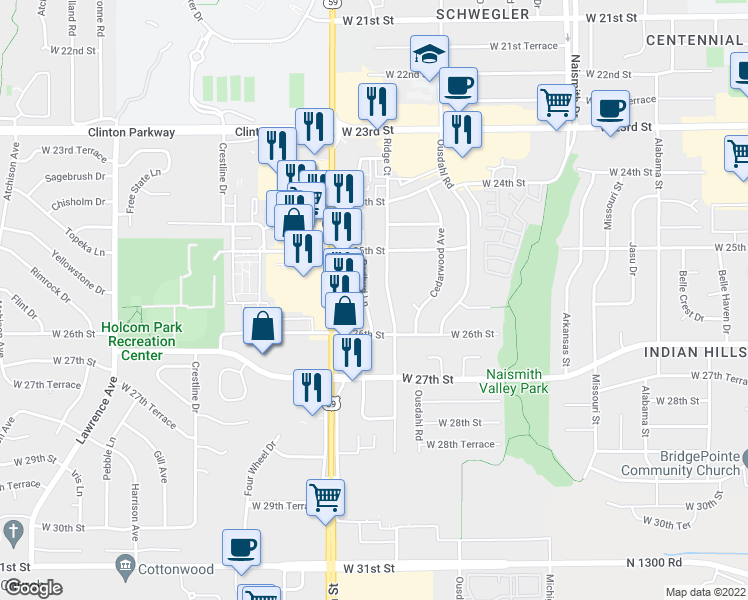 map of restaurants, bars, coffee shops, grocery stores, and more near 2542 Redbud Lane in Lawrence