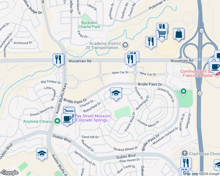 map of restaurants, bars, coffee shops, grocery stores, and more near 5084 Chaise Drive in Colorado Springs