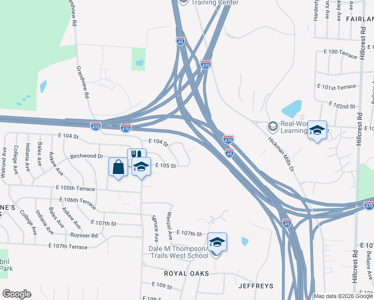 map of restaurants, bars, coffee shops, grocery stores, and more near 4518 104th Street in Kansas City