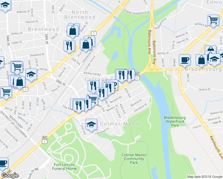 map of restaurants, bars, coffee shops, grocery stores, and more near 4104 Bladensburg Rd in Brentwood