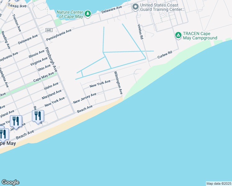 map of restaurants, bars, coffee shops, grocery stores, and more near 1621 Beach Avenue in Cape May