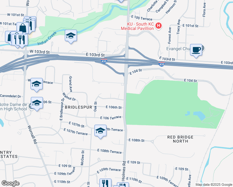 map of restaurants, bars, coffee shops, grocery stores, and more near 10512 Kenwood Avenue in Kansas City
