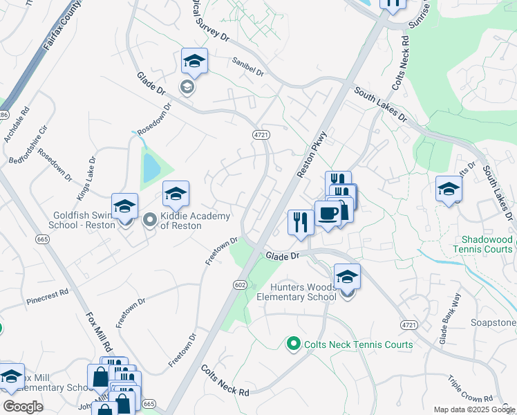 map of restaurants, bars, coffee shops, grocery stores, and more near 2326 Freetown Court in Reston
