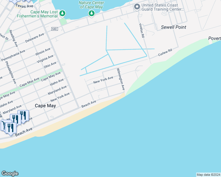 map of restaurants, bars, coffee shops, grocery stores, and more near 1604 New Jersey Avenue in Cape May