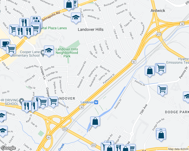 map of restaurants, bars, coffee shops, grocery stores, and more near 6908 Randolph Street in Hyattsville