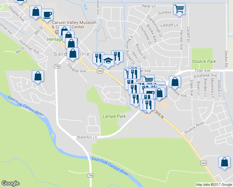 map of restaurants, bars, coffee shops, grocery stores, and more near 1375 Queens Court in Gardnerville