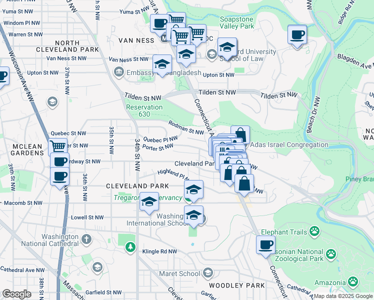 map of restaurants, bars, coffee shops, grocery stores, and more near 3020 Porter Street Northwest in Washington