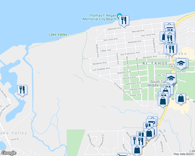 map of restaurants, bars, coffee shops, grocery stores, and more near 656 El Dorado Avenue in South Lake Tahoe