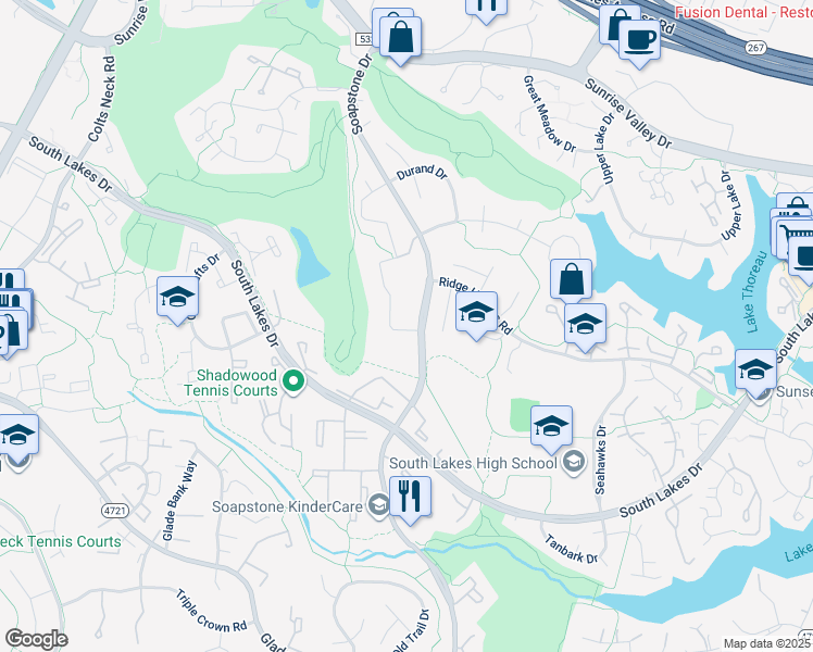 map of restaurants, bars, coffee shops, grocery stores, and more near 105 Glencourse Lane in Reston