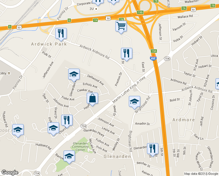 map of restaurants, bars, coffee shops, grocery stores, and more near 7948 Dellwood Avenue in Glenarden
