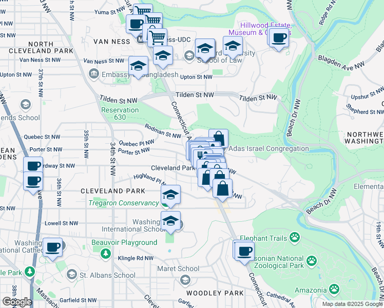map of restaurants, bars, coffee shops, grocery stores, and more near 3600 Connecticut Avenue Northwest in Washington