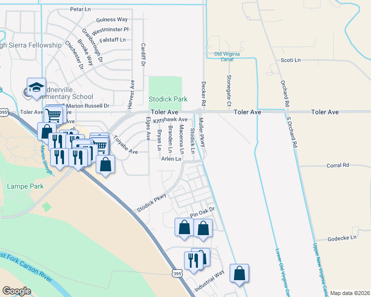 map of restaurants, bars, coffee shops, grocery stores, and more near 1367 Macenna Lane in Gardnerville