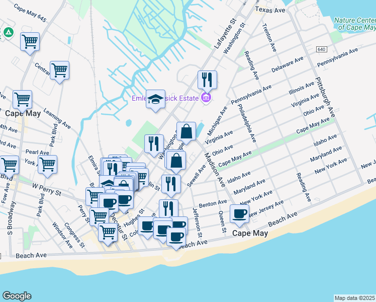 map of restaurants, bars, coffee shops, grocery stores, and more near 5 Liberty St in Cape May