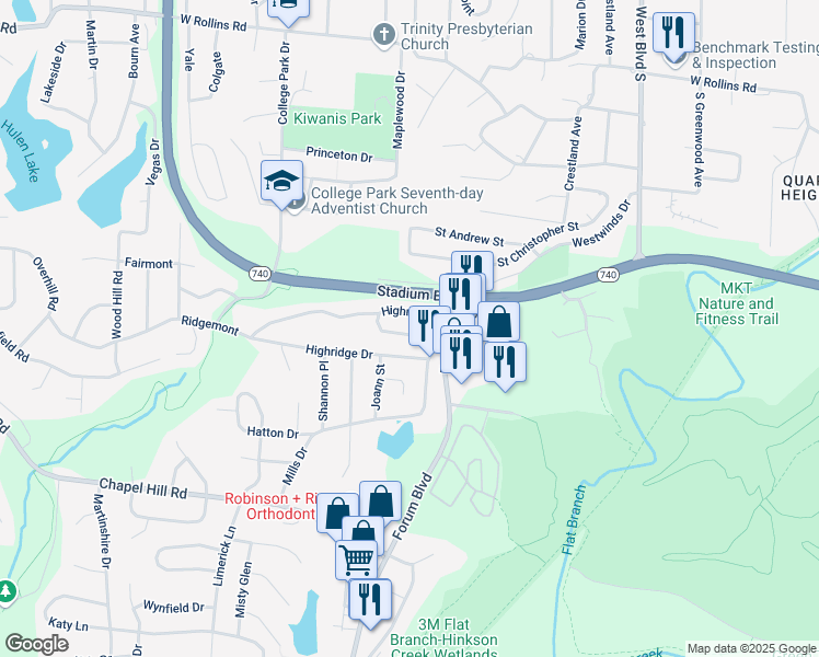 map of restaurants, bars, coffee shops, grocery stores, and more near 1650 Highridge Circle in Columbia