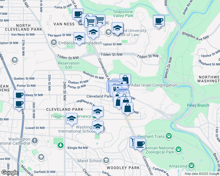 map of restaurants, bars, coffee shops, grocery stores, and more near 3600 Connecticut Avenue Northwest in Washington