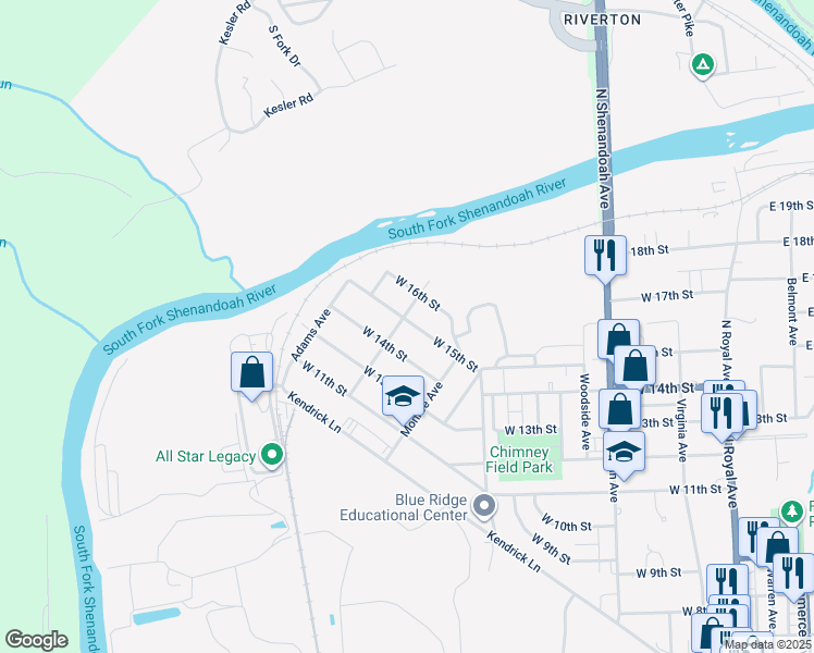 map of restaurants, bars, coffee shops, grocery stores, and more near 736 West 15th Street in Front Royal