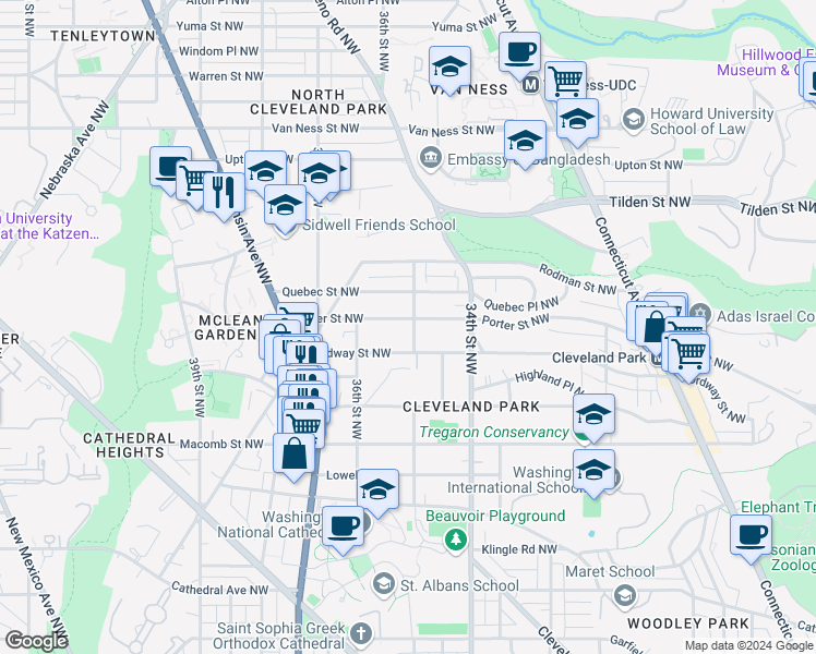 map of restaurants, bars, coffee shops, grocery stores, and more near 3518 35th Street Northwest in Washington