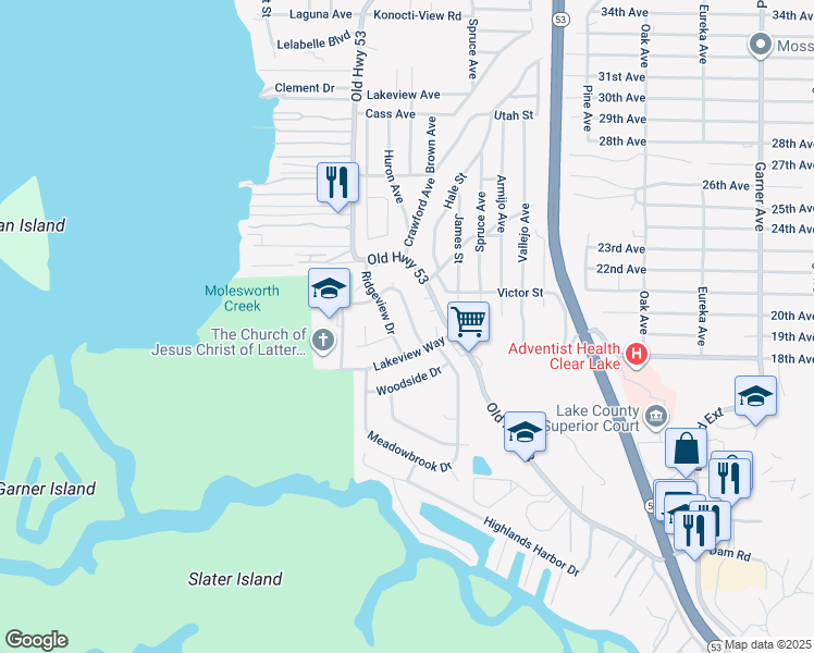 map of restaurants, bars, coffee shops, grocery stores, and more near 6303 Lakeside Drive in Clearlake
