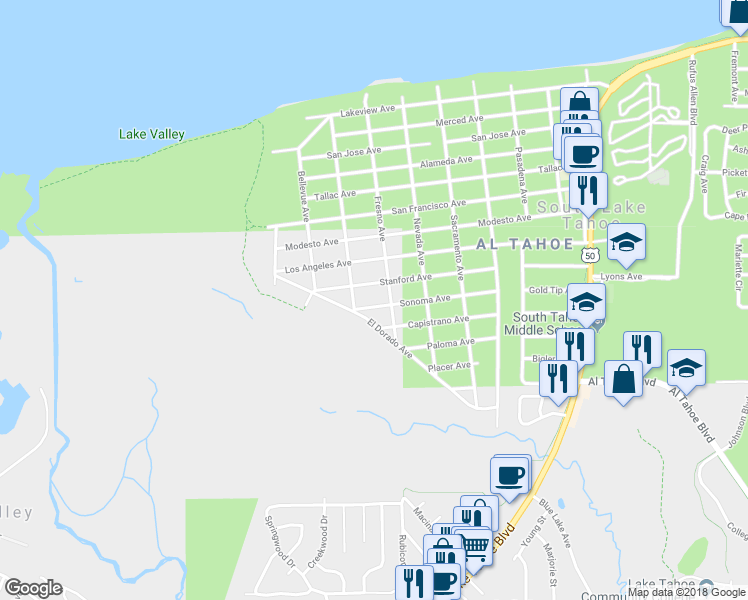 map of restaurants, bars, coffee shops, grocery stores, and more near 769 Sonoma Avenue in South Lake Tahoe