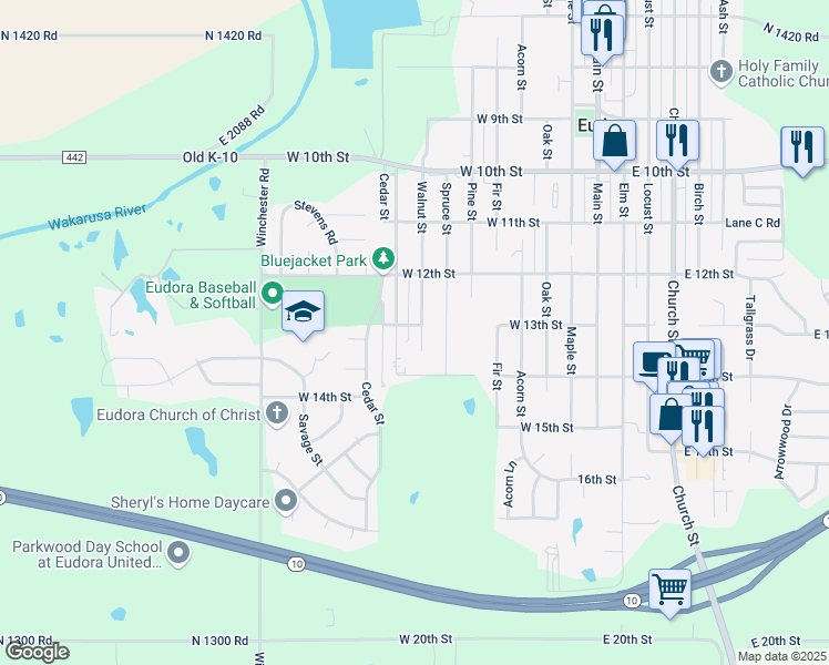 map of restaurants, bars, coffee shops, grocery stores, and more near 1303 Walnut Street in Eudora