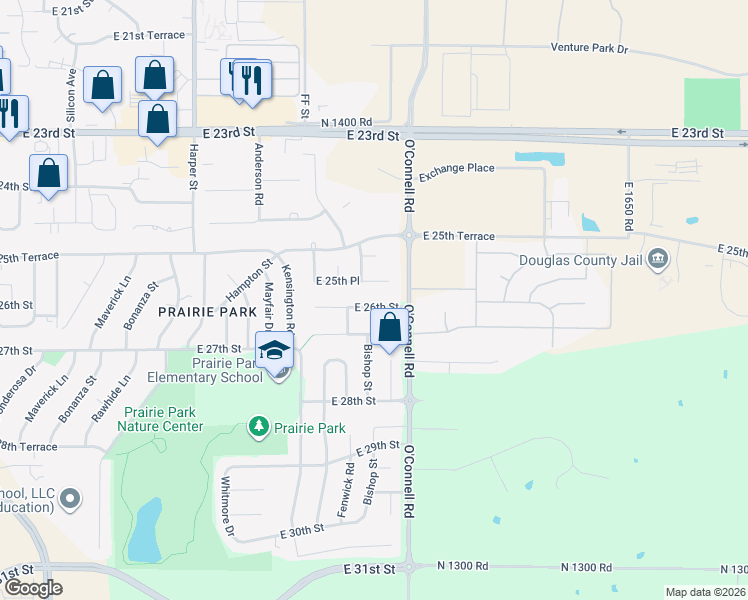 map of restaurants, bars, coffee shops, grocery stores, and more near 2120 East 26th Street in Lawrence