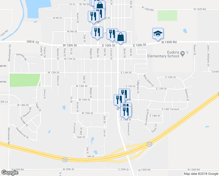 map of restaurants, bars, coffee shops, grocery stores, and more near 1305 Locust Street in Eudora