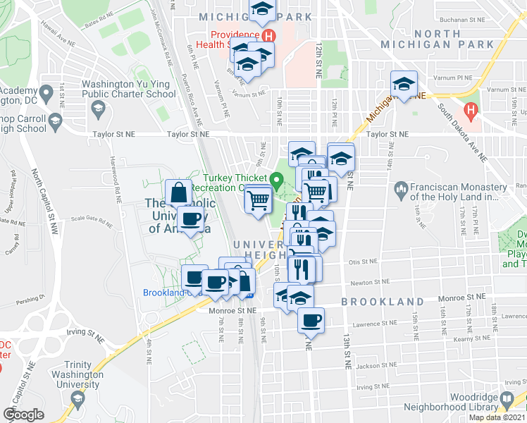 map of restaurants, bars, coffee shops, grocery stores, and more near 10th Street Northeast & Perry Place Northeast in Washington