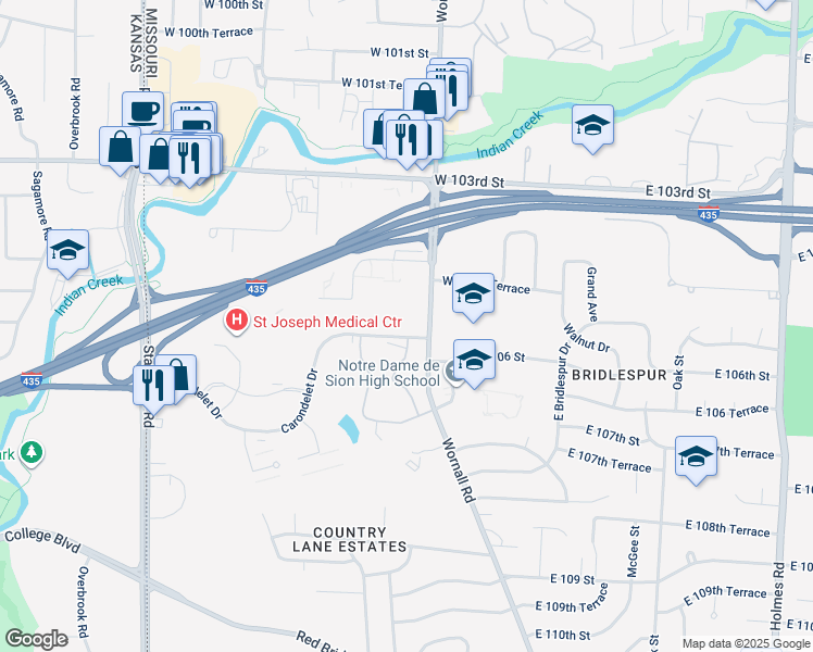 map of restaurants, bars, coffee shops, grocery stores, and more near 400 Carondelet Drive in Kansas City