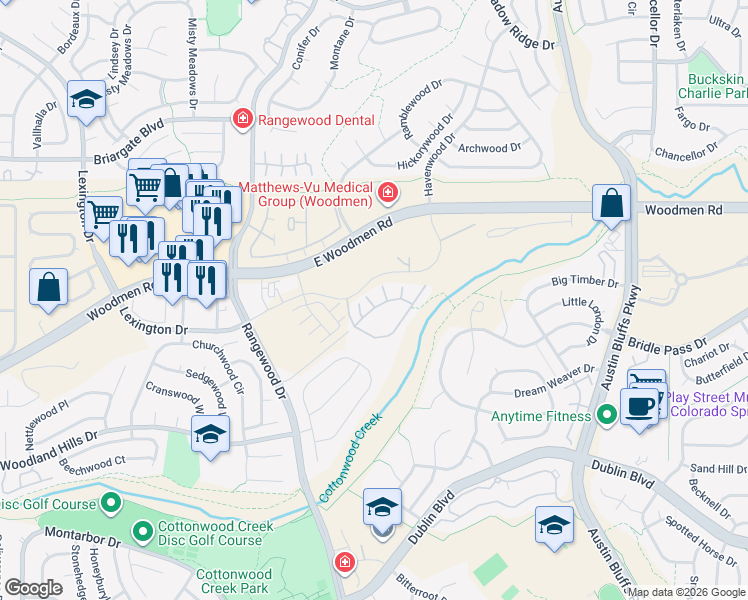 map of restaurants, bars, coffee shops, grocery stores, and more near 7248 Berrybrook Lane in Colorado Springs