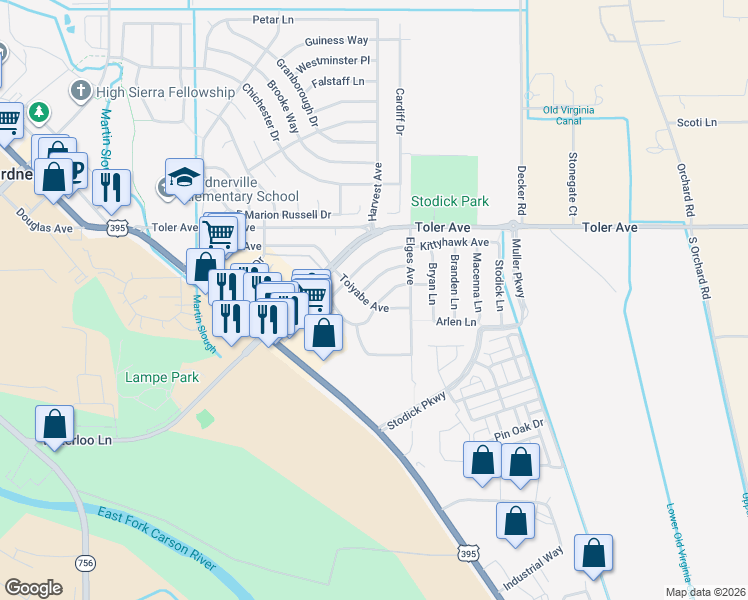 map of restaurants, bars, coffee shops, grocery stores, and more near 1368 Apollo Avenue in Gardnerville