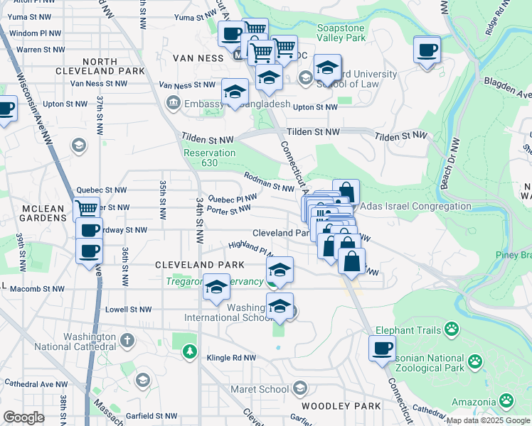 map of restaurants, bars, coffee shops, grocery stores, and more near 3022 Porter Street Northwest in Washington