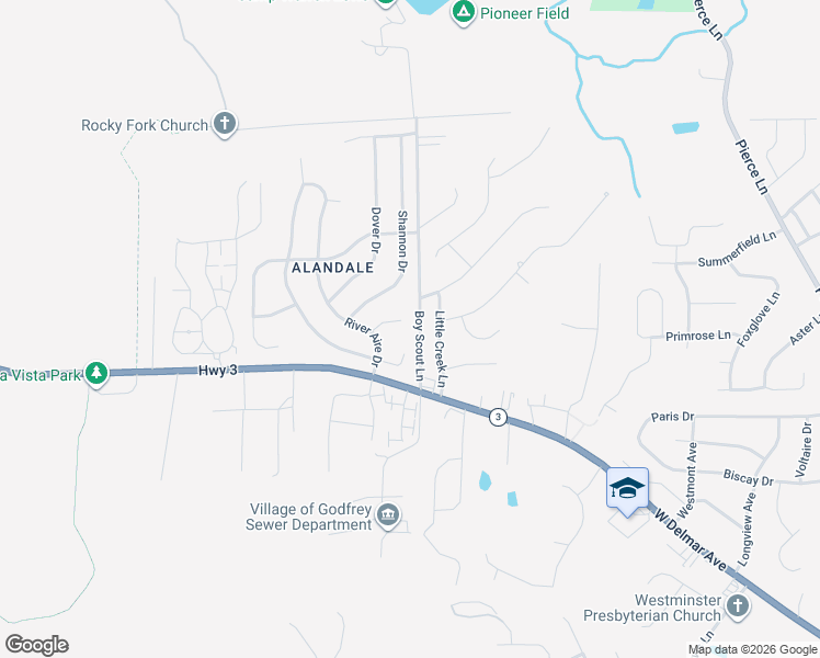 map of restaurants, bars, coffee shops, grocery stores, and more near 2001 River Aire Court in Godfrey