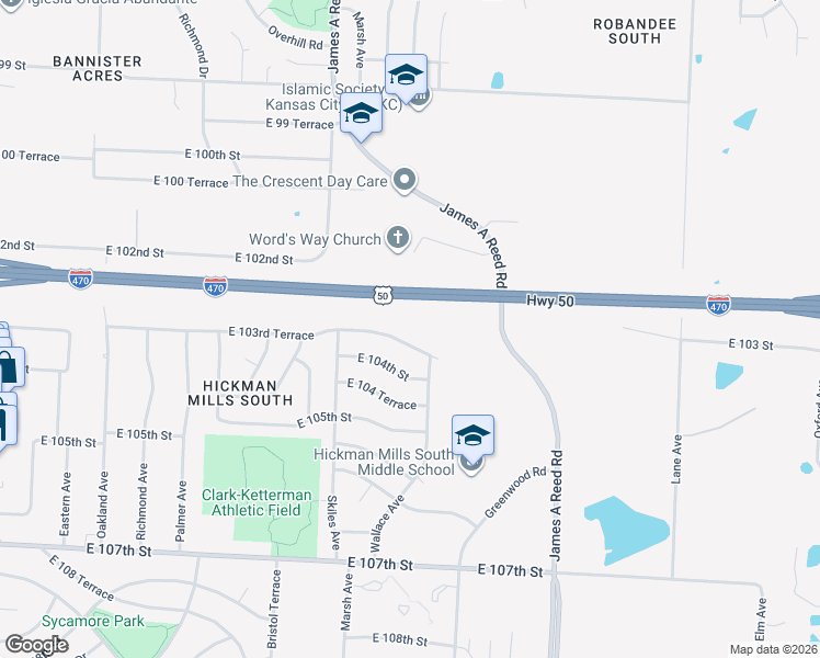 map of restaurants, bars, coffee shops, grocery stores, and more near 8408 East 103rd Terrace in Kansas City