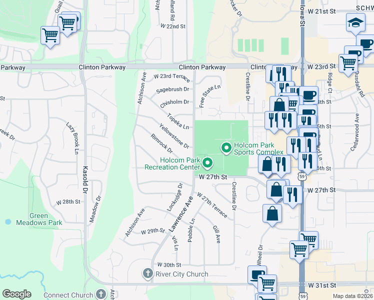 map of restaurants, bars, coffee shops, grocery stores, and more near 2916 Rimrock Drive in Lawrence