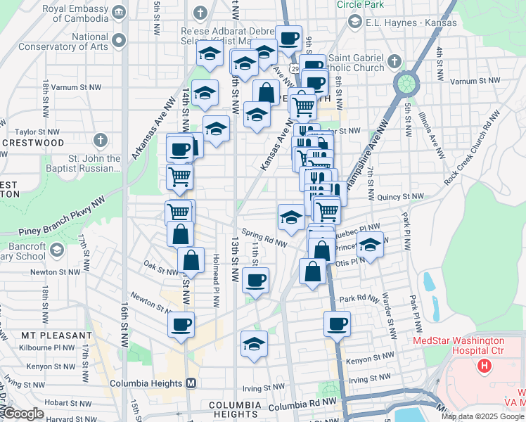 map of restaurants, bars, coffee shops, grocery stores, and more near 1021 Quebec Place Northwest in Washington