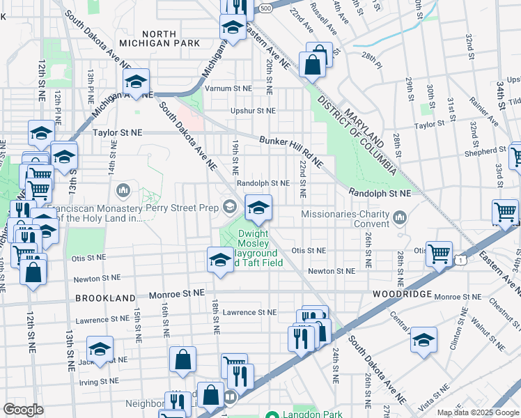 map of restaurants, bars, coffee shops, grocery stores, and more near 1927 Quincy Street Northeast in Washington
