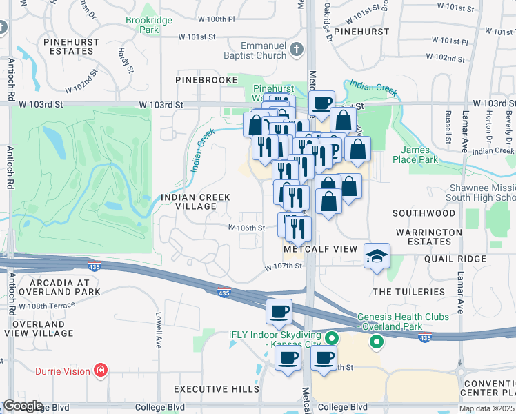 map of restaurants, bars, coffee shops, grocery stores, and more near 10556 Marty Street in Overland Park