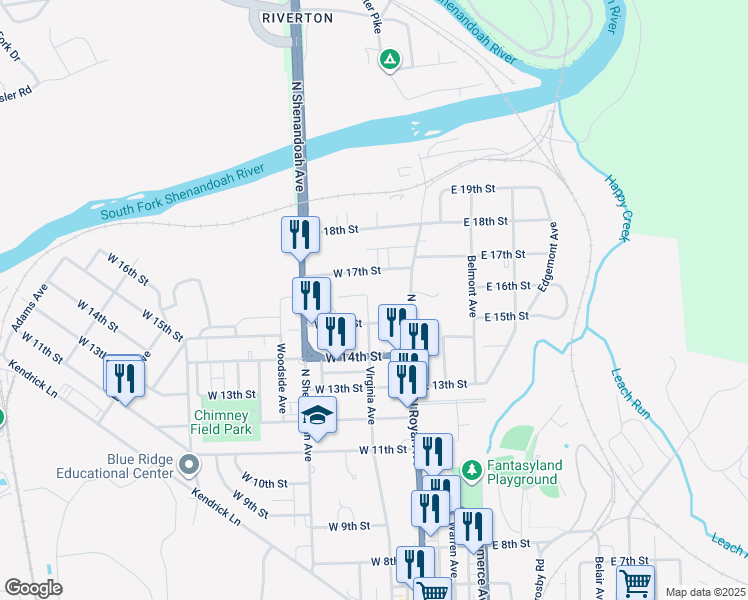 map of restaurants, bars, coffee shops, grocery stores, and more near 1505 Virginia Avenue in Front Royal