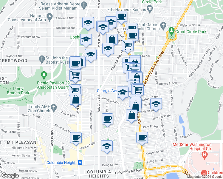 map of restaurants, bars, coffee shops, grocery stores, and more near 1015 Quebec Place Northwest in Washington