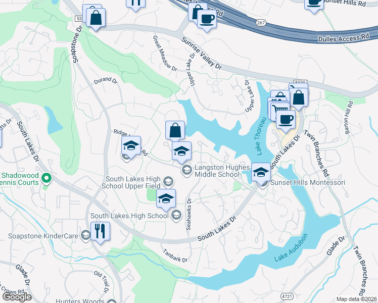 map of restaurants, bars, coffee shops, grocery stores, and more near 2035 Swans Neck Way in Reston