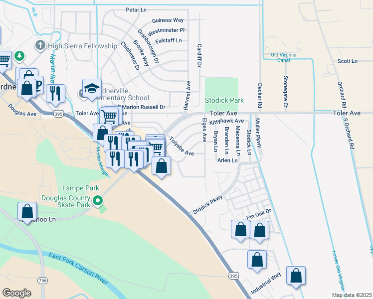 map of restaurants, bars, coffee shops, grocery stores, and more near 1368 Apollo Avenue in Gardnerville