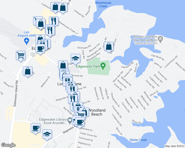 map of restaurants, bars, coffee shops, grocery stores, and more near 208 Oakwood Road in Edgewater