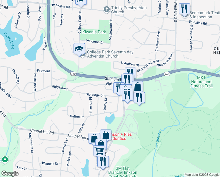 map of restaurants, bars, coffee shops, grocery stores, and more near 1646 Highridge Circle in Columbia