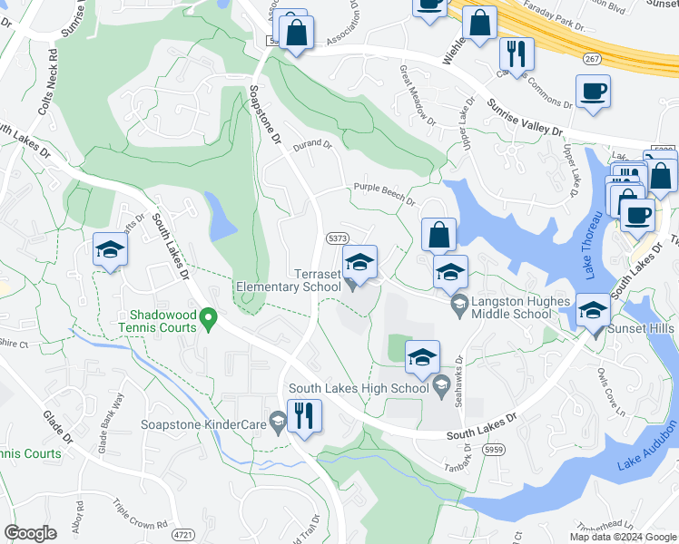 map of restaurants, bars, coffee shops, grocery stores, and more near 2109 Lirio Court in Reston
