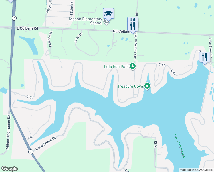 map of restaurants, bars, coffee shops, grocery stores, and more near 30-G Lake Shore Drive in Lake Lotawana