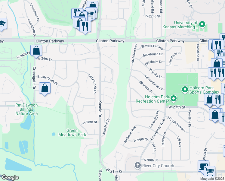 map of restaurants, bars, coffee shops, grocery stores, and more near 3215 Rainier Drive in Lawrence